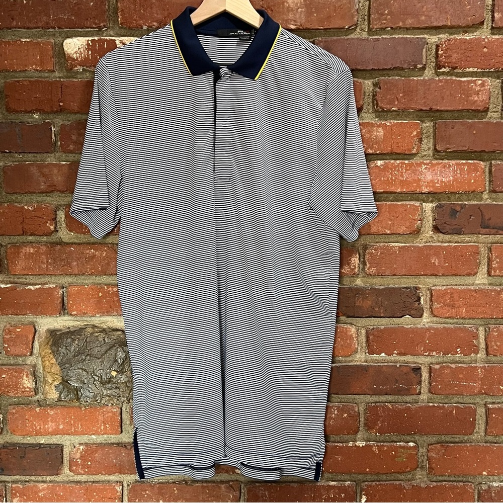 RLX Ralph Lauren men's navy striped polo with navy/yellow collar medium golf - Picture 2 of 12